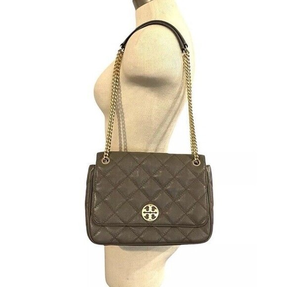TORY BURCH WILLA Volcanic Stone Convertible Quilted Chain Strap Flap Large Bag